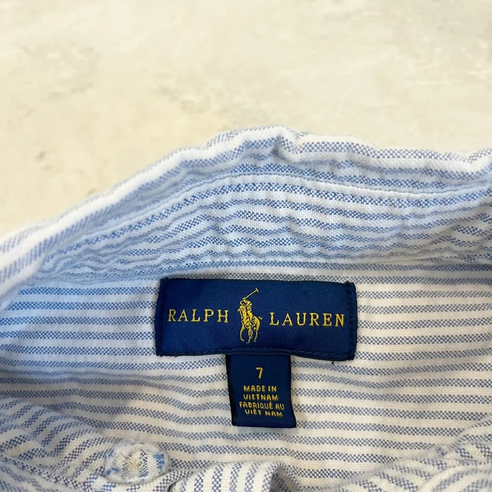 Ralph Lauren Boys Size 7 Blue Striped Button Down Shirt Long Sleeve Flesh Pony